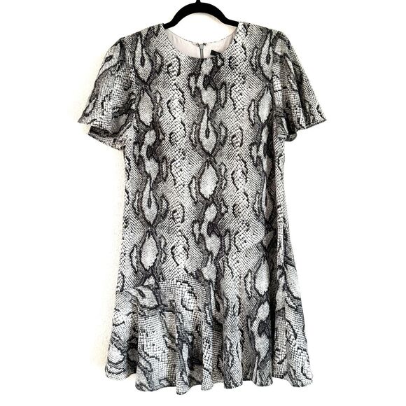 NWT Rachel Zoe Women’s Gray Snakeskin Printed Shift Dress Flounce Hem $350 - Picture 1 of 13